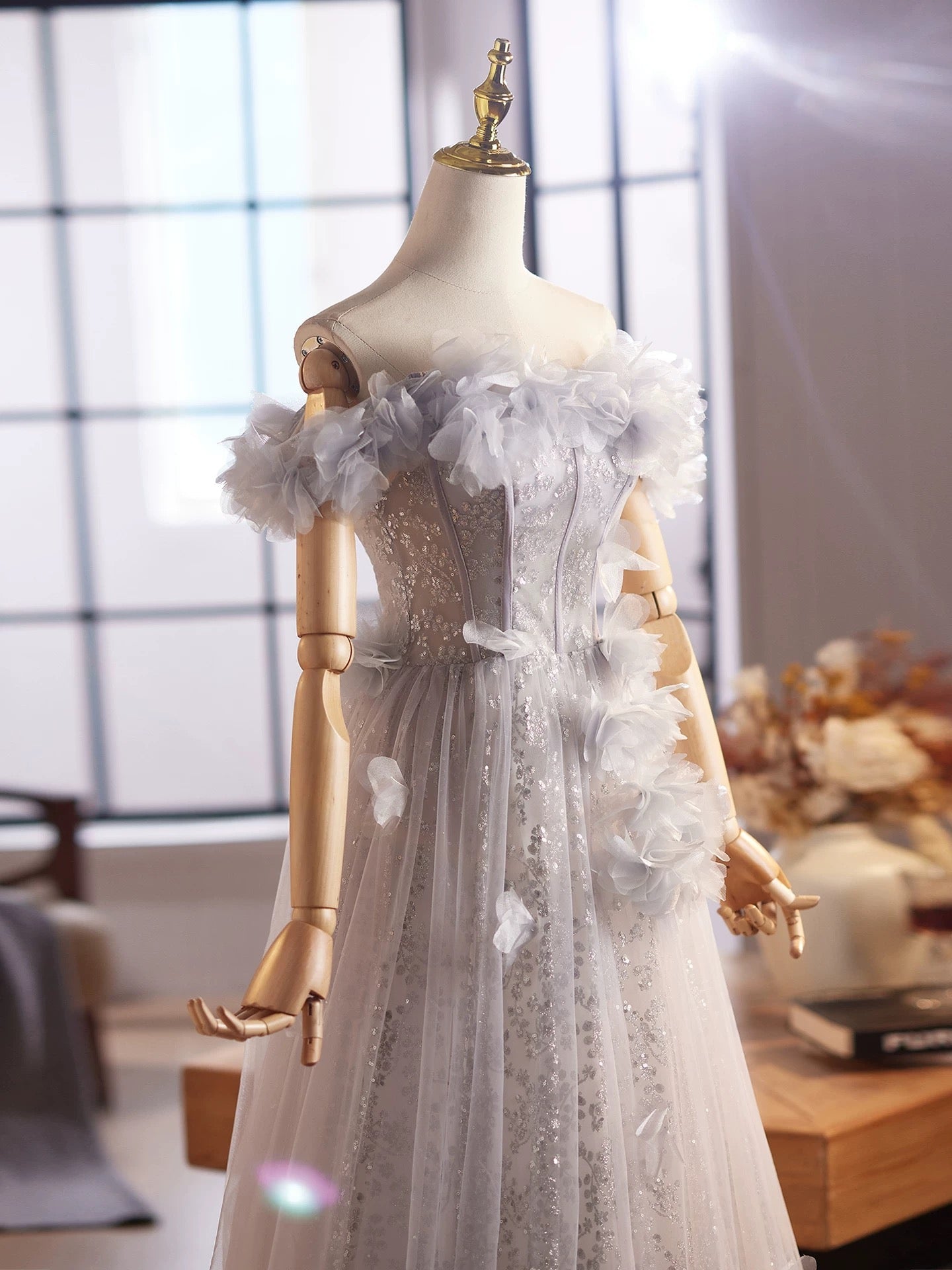 A-Line Off Shoulder Flower Tulle Gray Long Formal Prom Dresses, Gray Formal Dresses