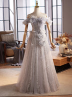 A-Line Off Shoulder Flower Tulle Gray Long Formal Prom Dresses, Gray Formal Dresses