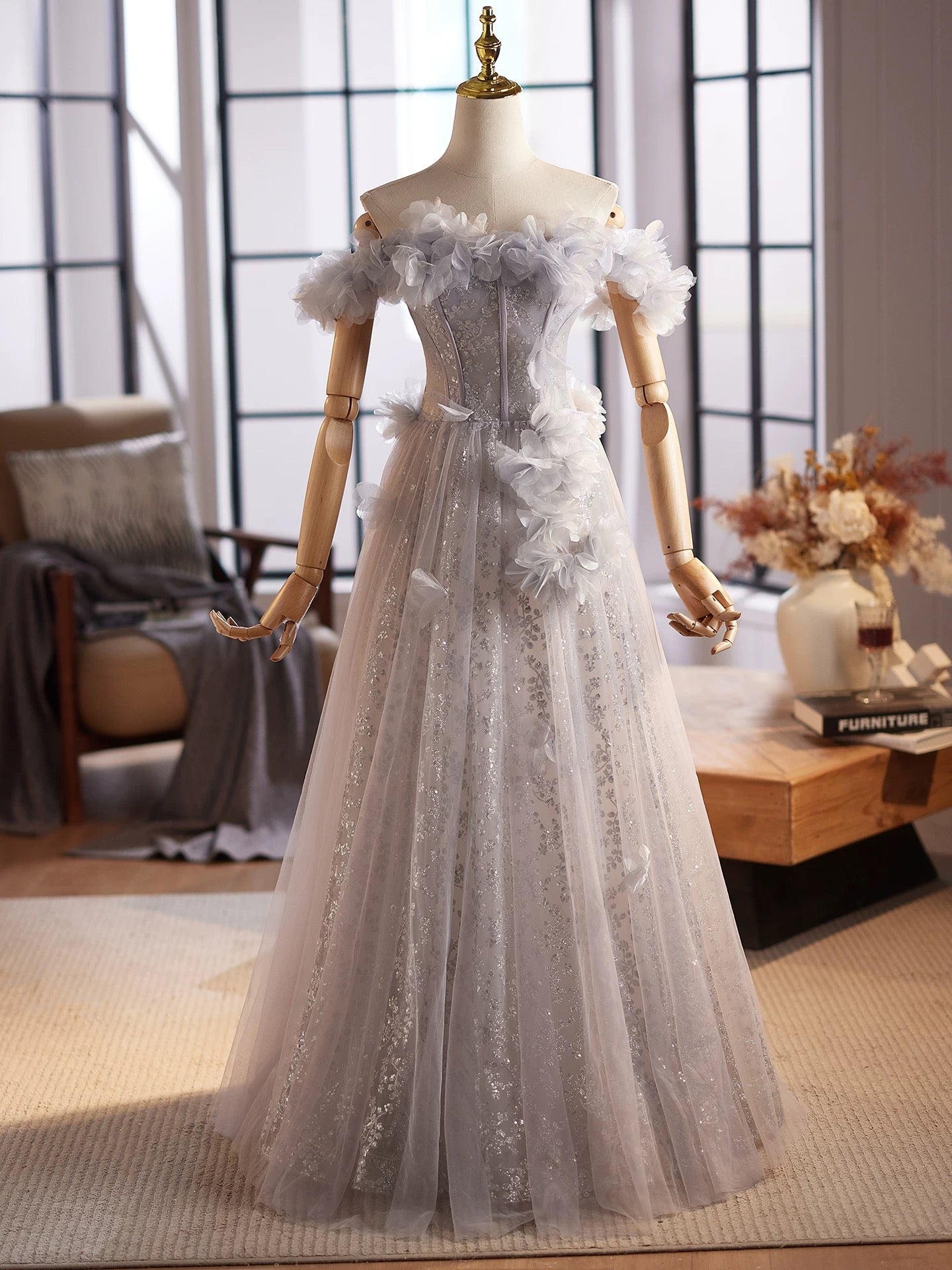 A-Line Off Shoulder Flower Tulle Gray Long Formal Prom Dresses, Gray Formal Dresses