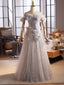A-Line Off Shoulder Flower Tulle Gray Long Formal Prom Dresses, Gray Formal Dresses