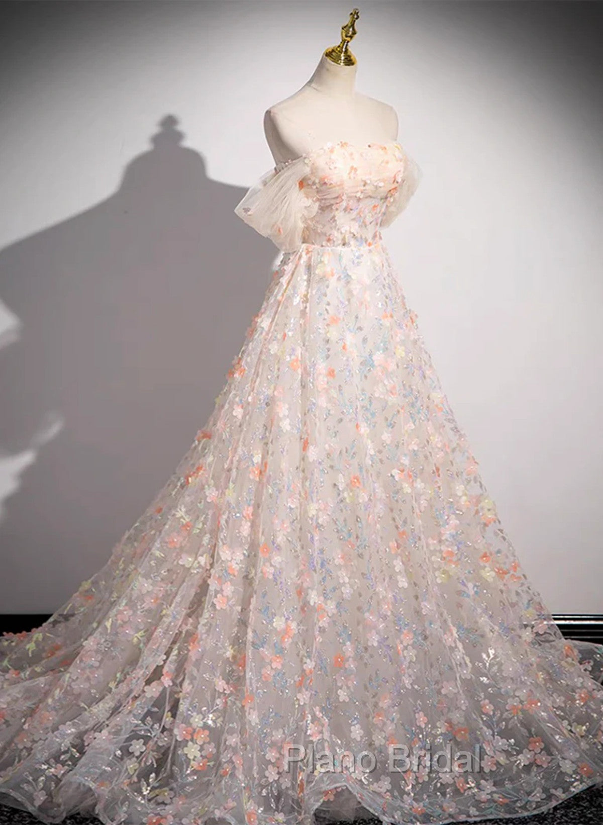 A-Line Off Shoulder Flowers Lace Formal Dresses, Long Formal Prom Dresses