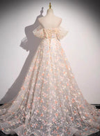 A-Line Off Shoulder Flowers Lace Formal Dresses, Long Formal Prom Dresses