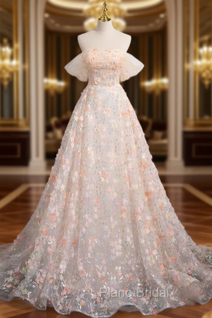 A-Line Off Shoulder Flowers Lace Formal Dresses, Long Formal Prom Dresses