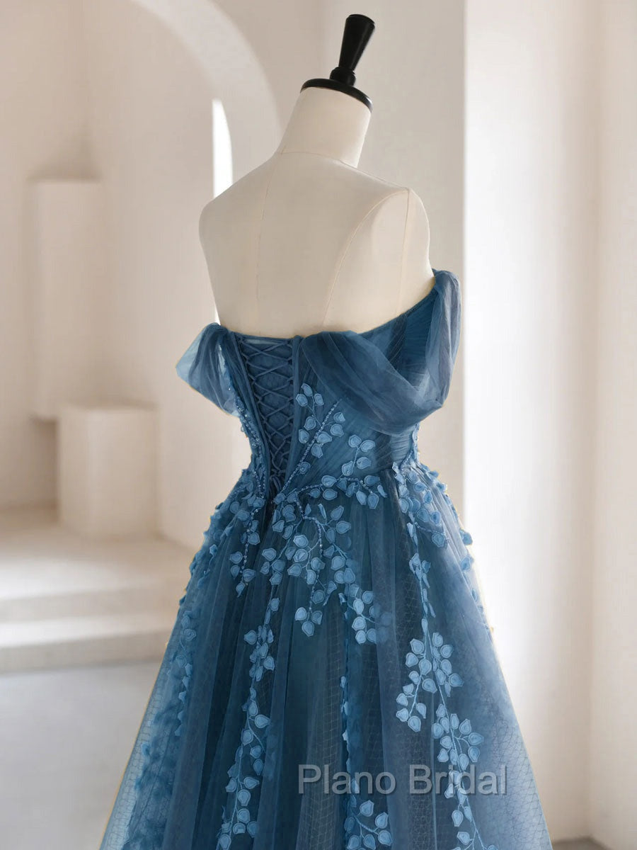 A-line Off Shoulder Gray Blue Tulle Long Formal Prom Dresses, Gray Blue Long Formal Dresses