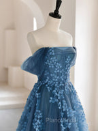 A-line Off Shoulder Gray Blue Tulle Long Formal Prom Dresses, Gray Blue Long Formal Dresses