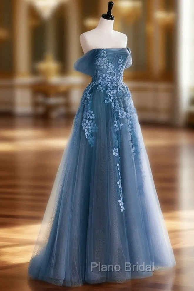A-line Off Shoulder Gray Blue Tulle Long Formal Prom Dresses, Gray Blue Long Formal Dresses Main image