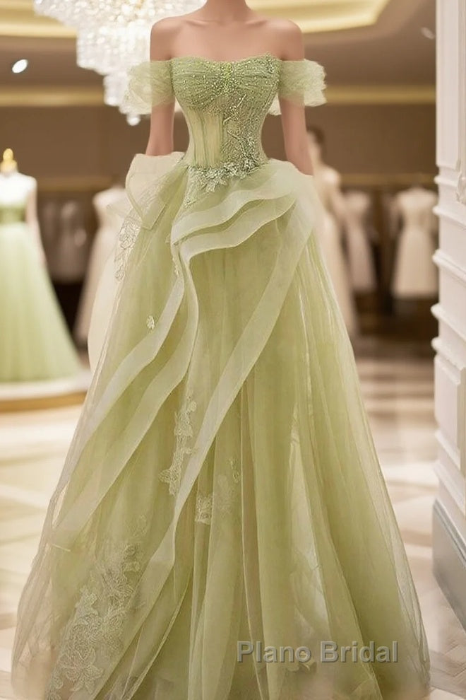 A-Line Off Shoulder Green Lace Long Formal Prom Dress, Green Formal Dress Main image