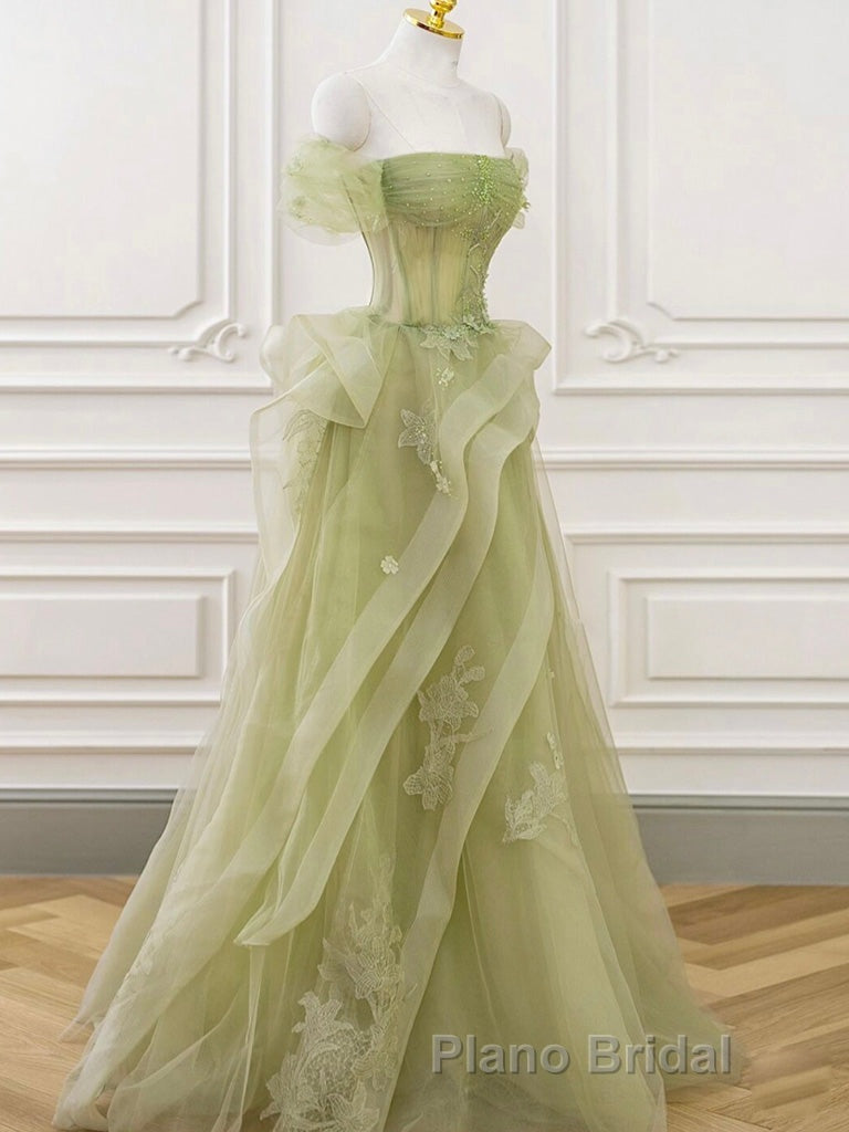 A-Line Off Shoulder Green Lace Long Formal Prom Dress, Green Formal Dress