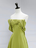 A-Line Off Shoulder Green Satin Long Formal Prom Dresses, Green Long Formal Prom Dresses