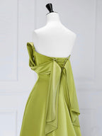 A-Line Off Shoulder Green Satin Long Formal Prom Dresses, Green Long Formal Prom Dresses