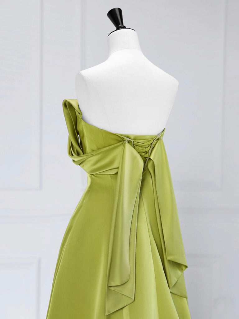 A-Line Off Shoulder Green Satin Long Formal Prom Dresses, Green Long Formal Prom Dresses