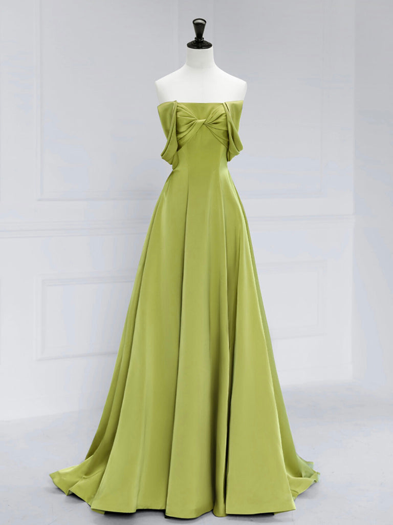 A-Line Off Shoulder Green Satin Long Formal Prom Dresses, Green Long Formal Prom Dresses Main image