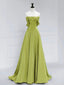 A-Line Off Shoulder Green Satin Long Formal Prom Dresses, Green Long Formal Prom Dresses