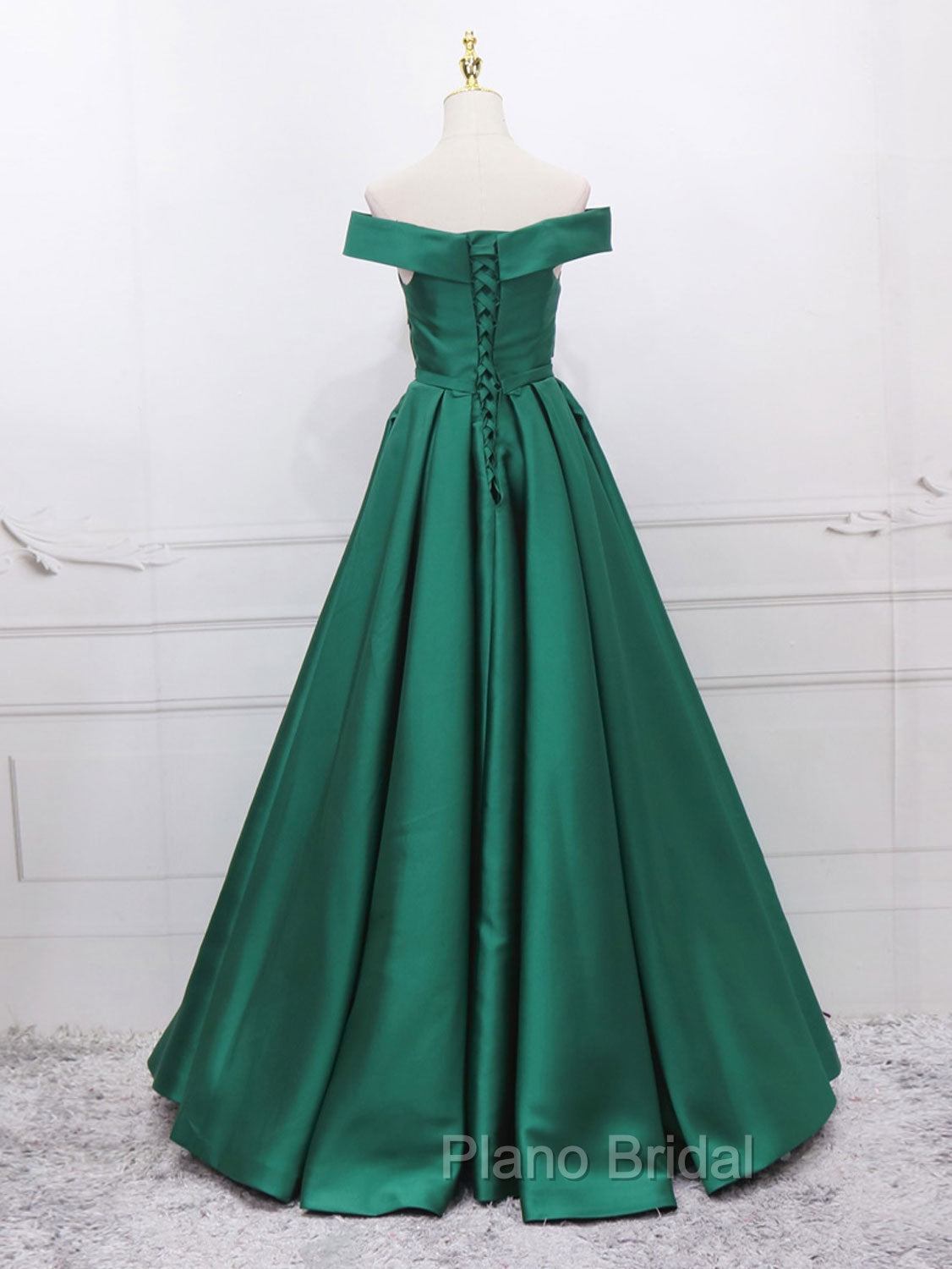 A-Line Off Shoulder Green Satin Long Formal Prom Dresses, Green Evening Dresses Secondary image