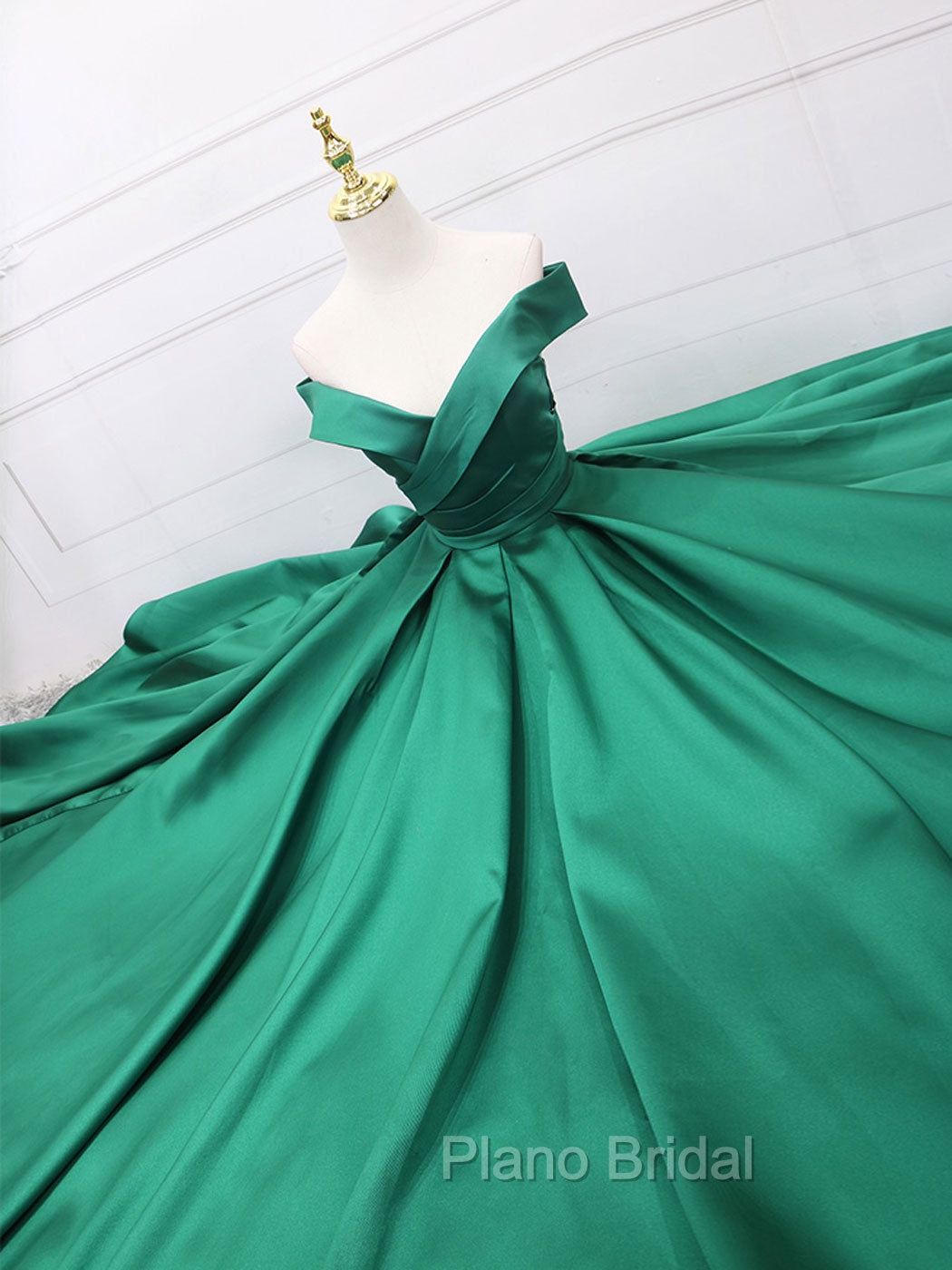 A-Line Off Shoulder Green Satin Long Formal Prom Dresses, Green Evening Dresses
