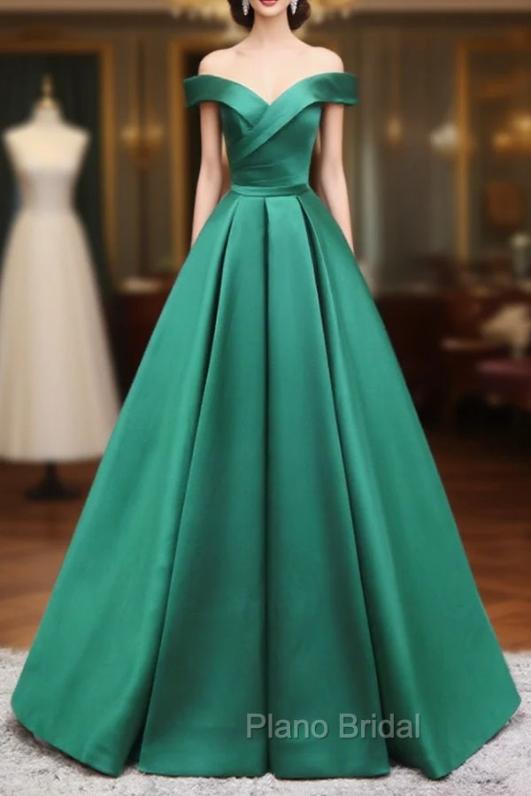 A-Line Off Shoulder Green Satin Long Formal Prom Dresses, Green Evening Dresses Main image
