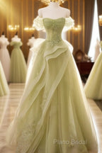 A Line Off Shoulder Green Tulle Long Formal Prom Dresses