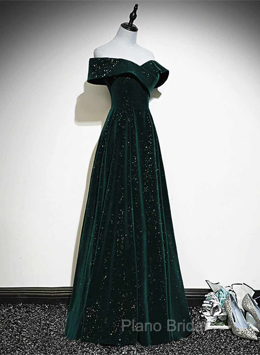 A-line Off Shoulder Green Velvet Simple Party Dresses, Green Formal Prom Dresses Formal Dresses Secondary image