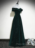 A-line Off Shoulder Green Velvet Simple Party Dresses, Green Formal Prom Dresses Formal Dresses