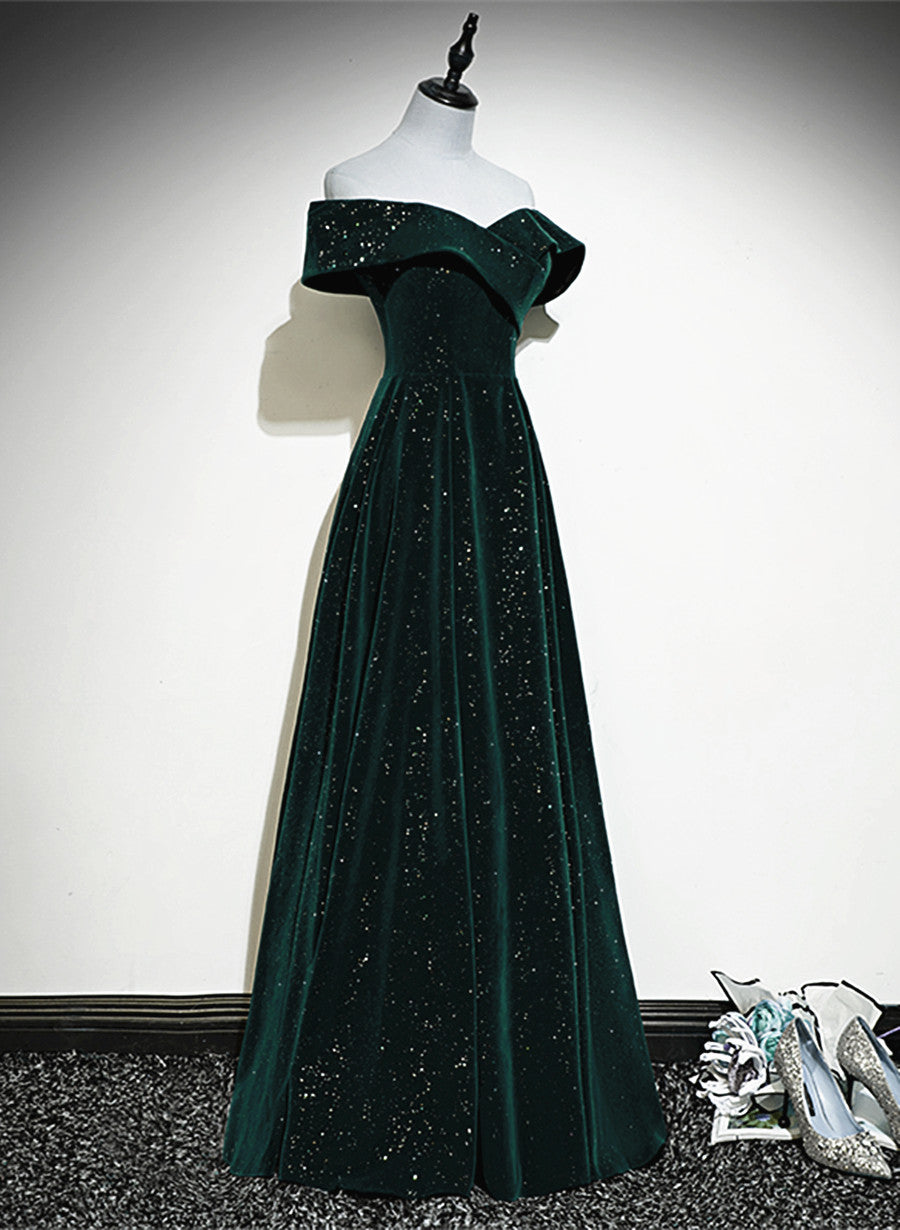 A-Line Off Shoulder Green Velvet Simple Party Dresses, Green Formal Prom Dresses Formal Dresses Secondary image