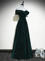 A-Line Off Shoulder Green Velvet Simple Party Dresses, Green Formal Prom Dresses Formal Dresses