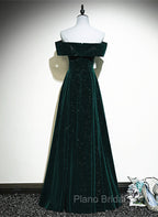 A-line Off Shoulder Green Velvet Simple Party Dresses, Green Formal Prom Dresses Formal Dresses