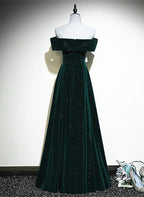 A-Line Off Shoulder Green Velvet Simple Party Dresses, Green Formal Prom Dresses Formal Dresses