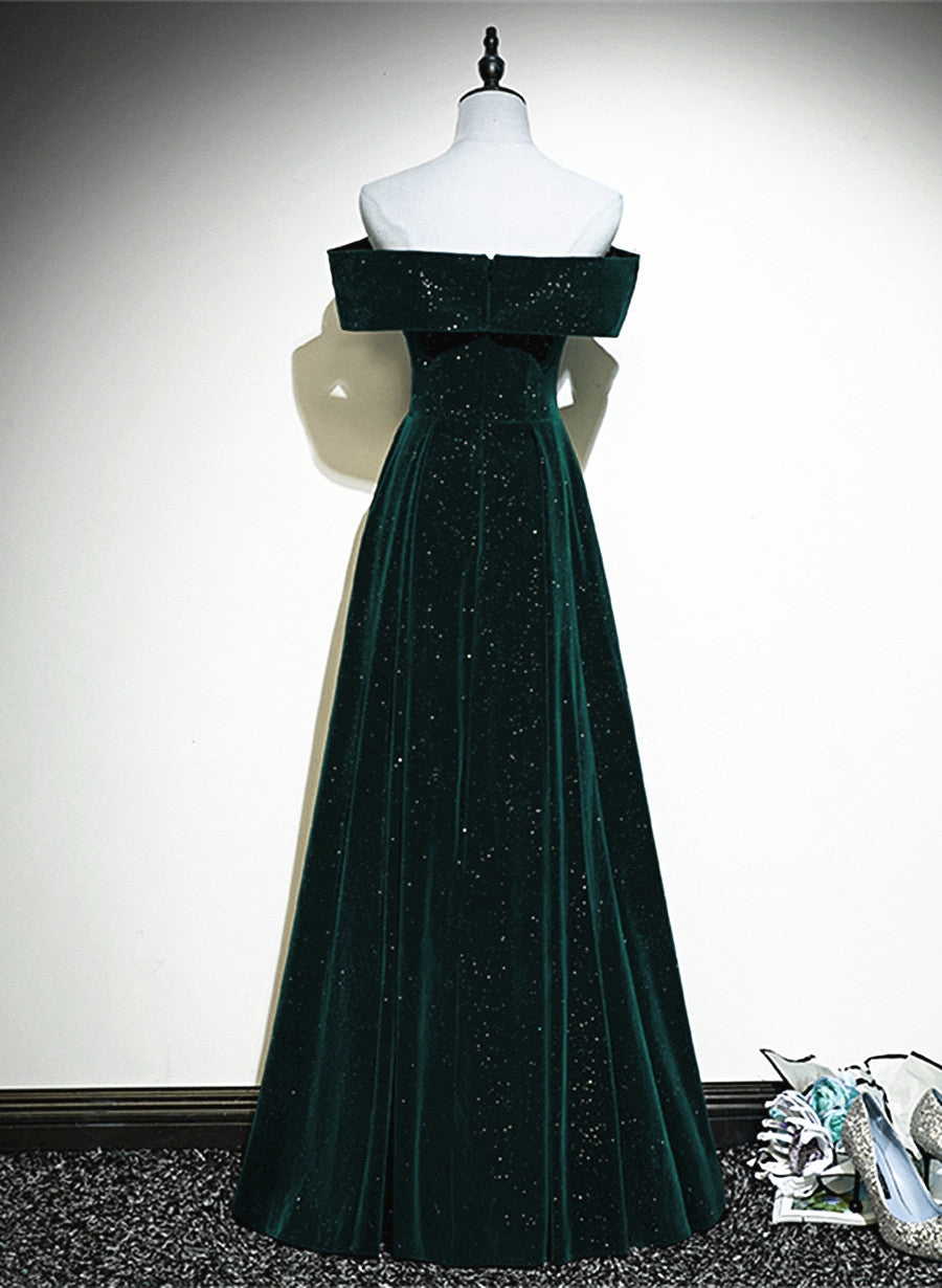 A-Line Off Shoulder Green Velvet Simple Party Dresses, Green Formal Prom Dresses Formal Dresses