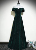 A-Line Off Shoulder Green Velvet Simple Party Dresses, Green Formal Prom Dresses Formal Dresses