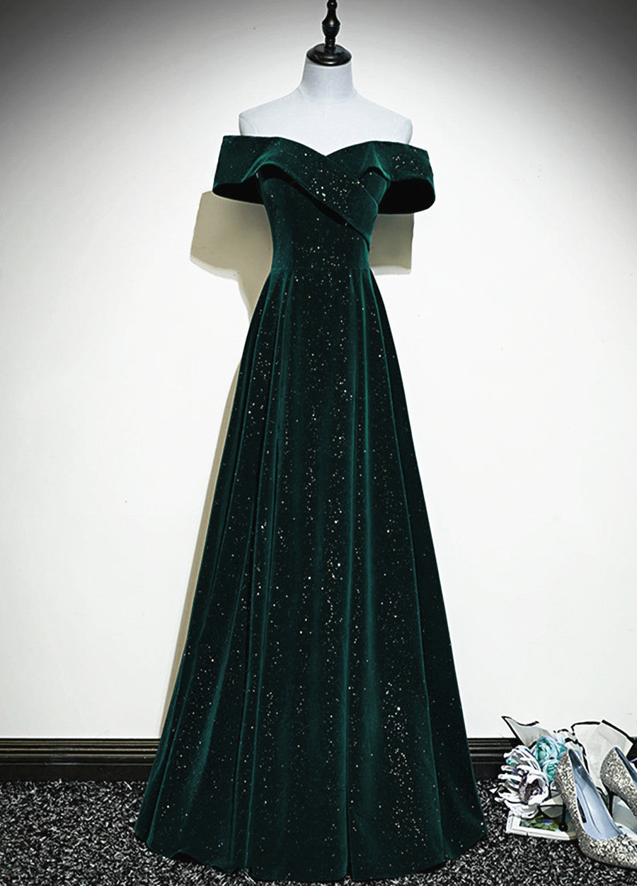 A-Line Off Shoulder Green Velvet Simple Party Dresses, Green Formal Prom Dresses Formal Dresses