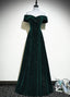 A-Line Off Shoulder Green Velvet Simple Party Dresses, Green Formal Prom Dresses Formal Dresses