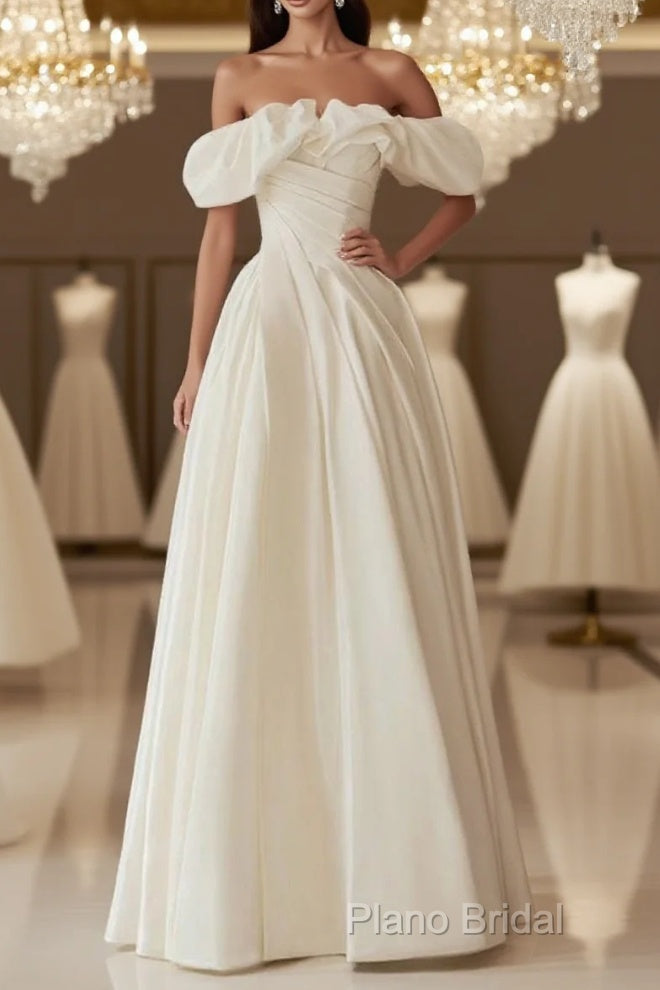 A-Line Off Shoulder Ivory Satin Long Formal Prom Dresses, Ivory Long Formal Dresses Main image
