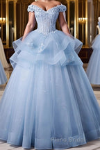 A-Line Off Shoulder Lace Tulle Blue Long Formal Prom Dress, Blue Sweet 16 Dress