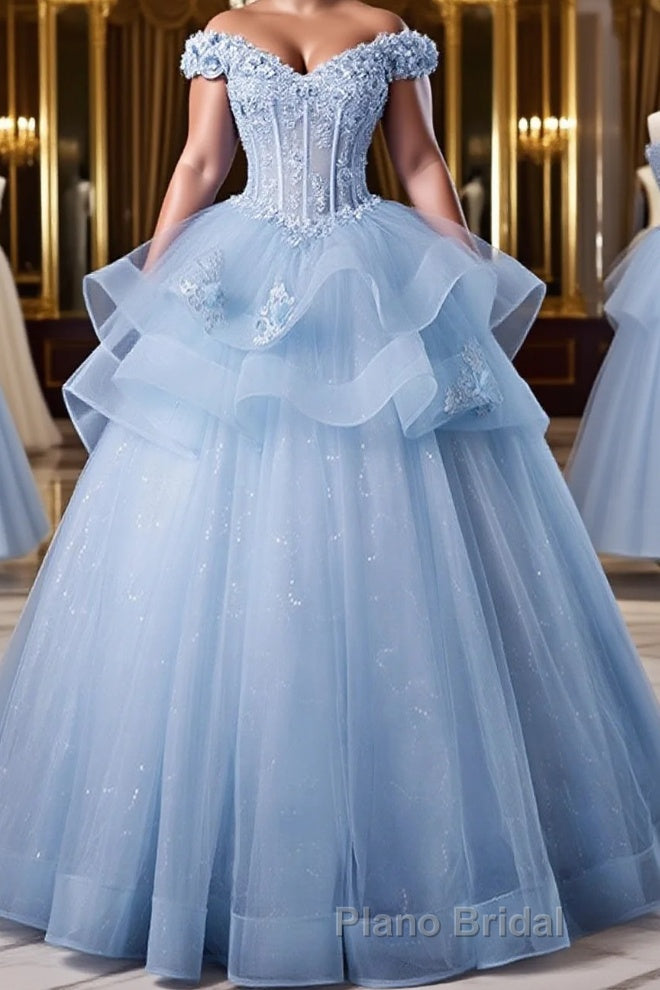 A-Line Off Shoulder Lace Tulle Blue Long Formal Prom Dress, Blue Sweet 16 Dress
