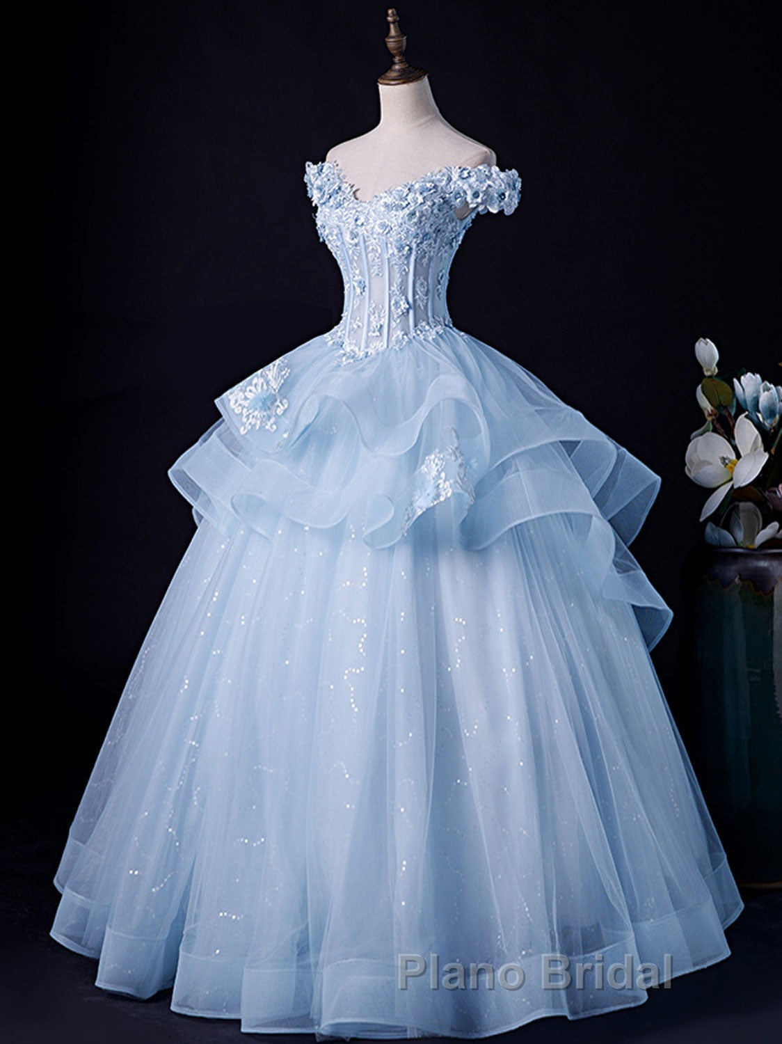 A-Line Off Shoulder Lace Tulle Blue Long Formal Prom Dress, Blue Sweet 16 Dress Secondary image