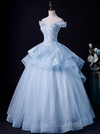 A-Line Off Shoulder Lace Tulle Blue Long Formal Prom Dress, Blue Sweet 16 Dress