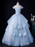 A-Line Off Shoulder Lace Tulle Blue Long Formal Prom Dress, Blue Sweet 16 Dress