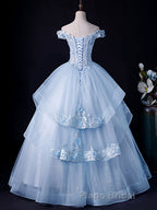 A-Line Off Shoulder Lace Tulle Blue Long Formal Prom Dress, Blue Sweet 16 Dress