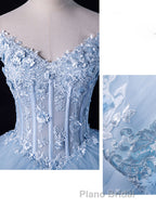 A-Line Off Shoulder Lace Tulle Blue Long Formal Prom Dress, Blue Sweet 16 Dress