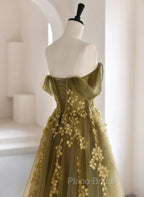 A-Line Off Shoulder Long Formal Prom Dresses, Green Tulle Formal Evening Dresses