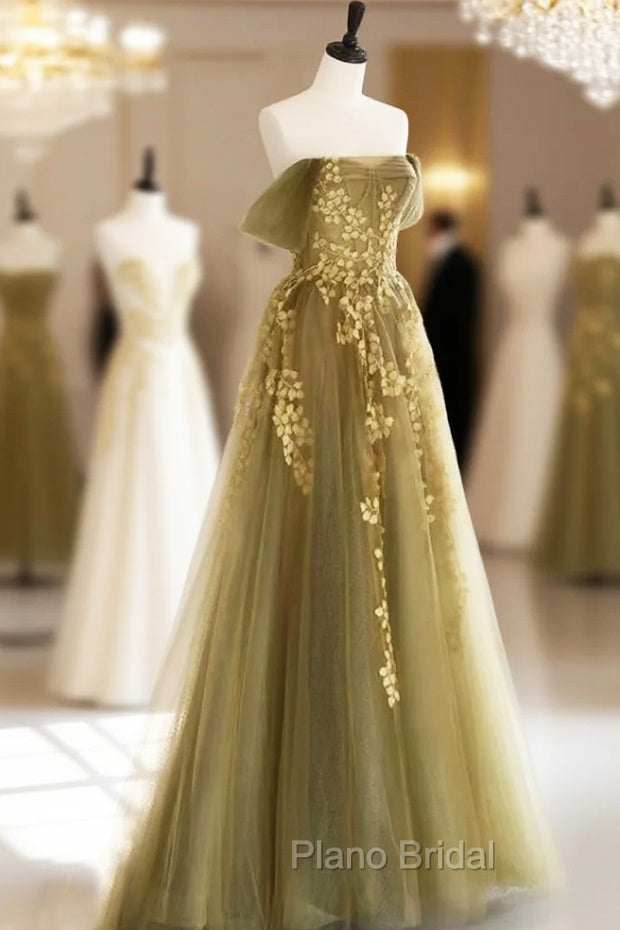 A-Line Off Shoulder Long Formal Prom Dresses, Green Tulle Formal Evening Dresses Main image