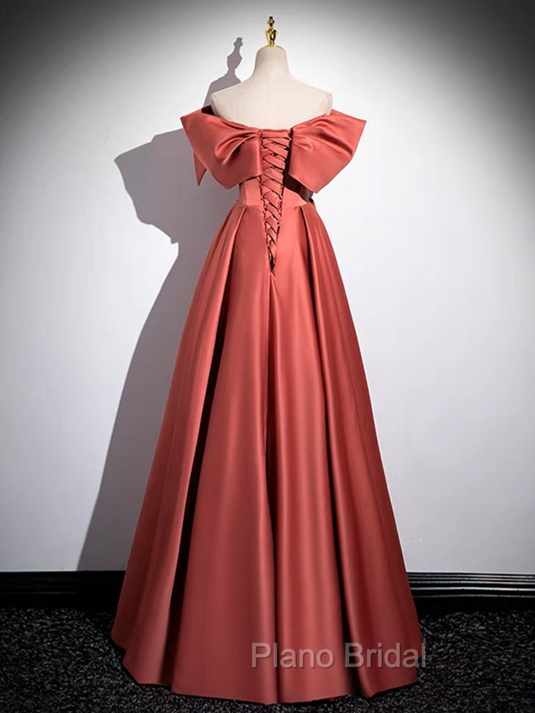 A-Line Off Shoulder Off Shoulder Satin Long Formal Prom Dresses, Watermelon Red Long Formal Dresses
