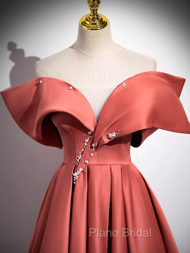 A-Line Off Shoulder Off Shoulder Satin Long Formal Prom Dresses, Watermelon Red Long Formal Dresses