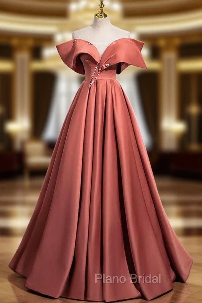 A-Line Off Shoulder Off Shoulder Satin Long Formal Prom Dresses, Watermelon Red Long Formal Dresses Main image