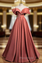 A-Line Off Shoulder Off Shoulder Satin Long Formal Prom Dresses, Watermelon Red Long Formal Dresses