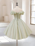 A-Line Off Shoulder Organza Green Short Formal Prom Dresses,Cute Homecoming Dresses with Beads