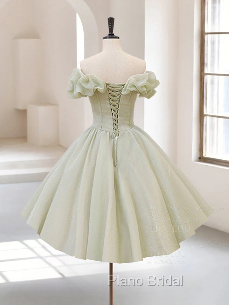 A-Line Off Shoulder Organza Green Short Formal Prom Dresses,Cute Homecoming Dresses with Beads