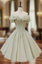 A-Line Off Shoulder Organza Green Short Formal Prom Dresses,Cute Homecoming Dresses with Beads