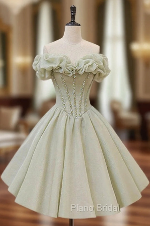 A-Line Off Shoulder Organza Green Short Formal Prom Dresses,Cute Homecoming Dresses with Beads