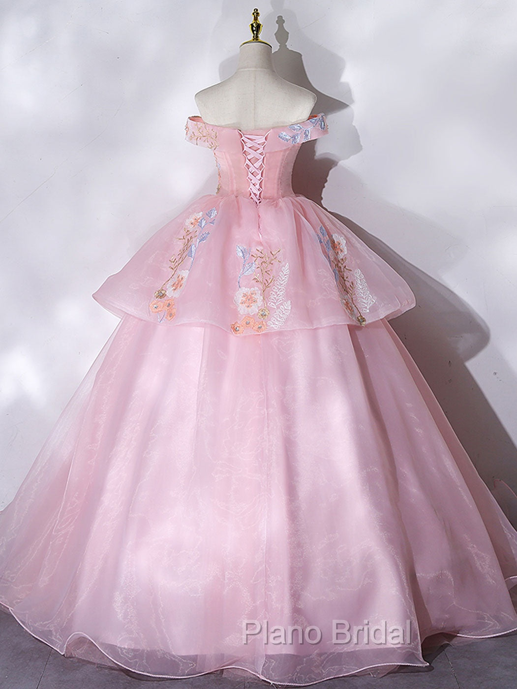 A-Line Off Shoulder Organza Lace Pink Long Formal Prom Dresses. Pink Sweet 16 Dresses